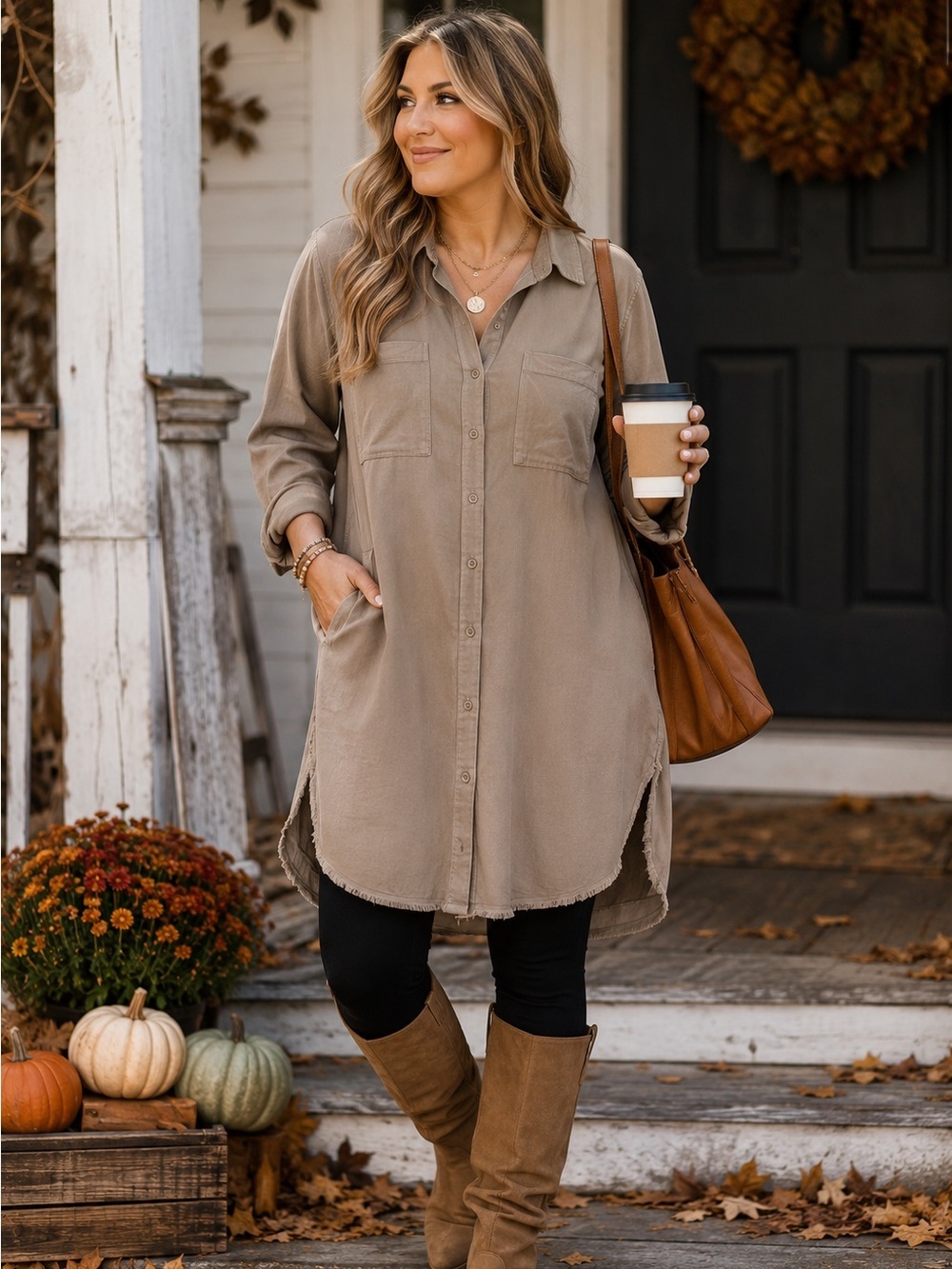 Cloth & Stone Beige Shirt Dress Tunic Long Sleeve Button Front Frayed Hem Sm NWT